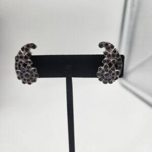 Vintage Art Deco Faux Blue Rhinestone Silver Tone Clip On Earrings Cluster